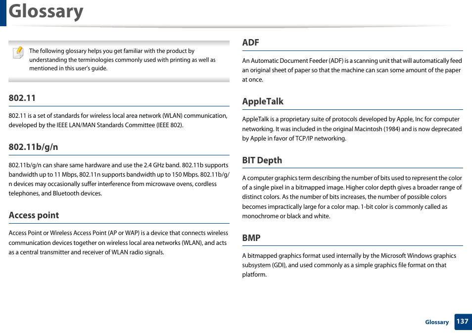 Glossary, 11b/g/n, Access point | Appletalk, Bit depth | Dell B1260dn Laser Printer User Manual | Page 138 / 151