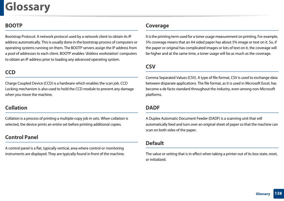 Glossary, Bootp, Collation | Control panel, Coverage, Dadf, Default | Dell B1260dn Laser Printer User Manual | Page 139 / 151