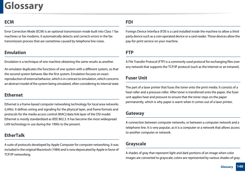 Glossary, Emulation, Ethernet | Ethertalk, Fuser unit, Gateway, Grayscale | Dell B1260dn Laser Printer User Manual | Page 141 / 151