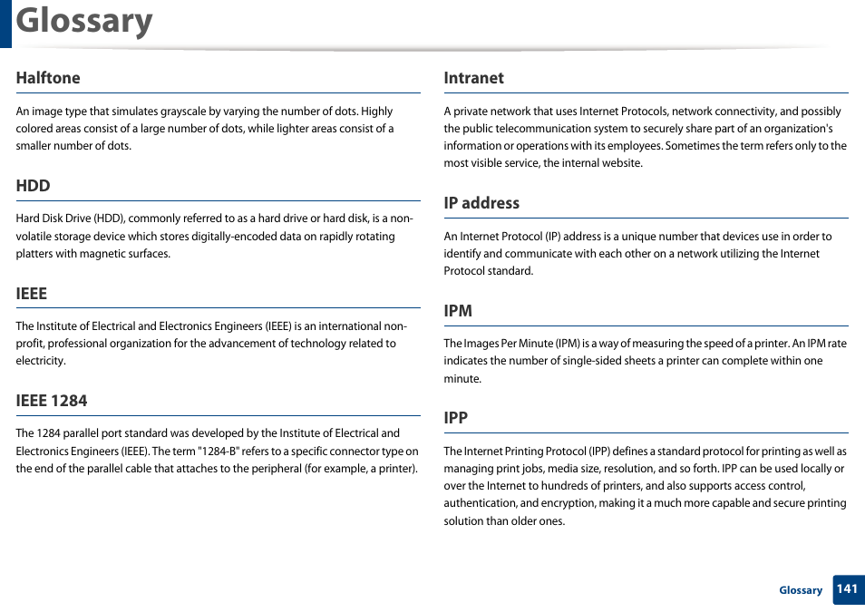 Glossary, Halftone, Ieee | Ieee 1284, Intranet, Ip address | Dell B1260dn Laser Printer User Manual | Page 142 / 151