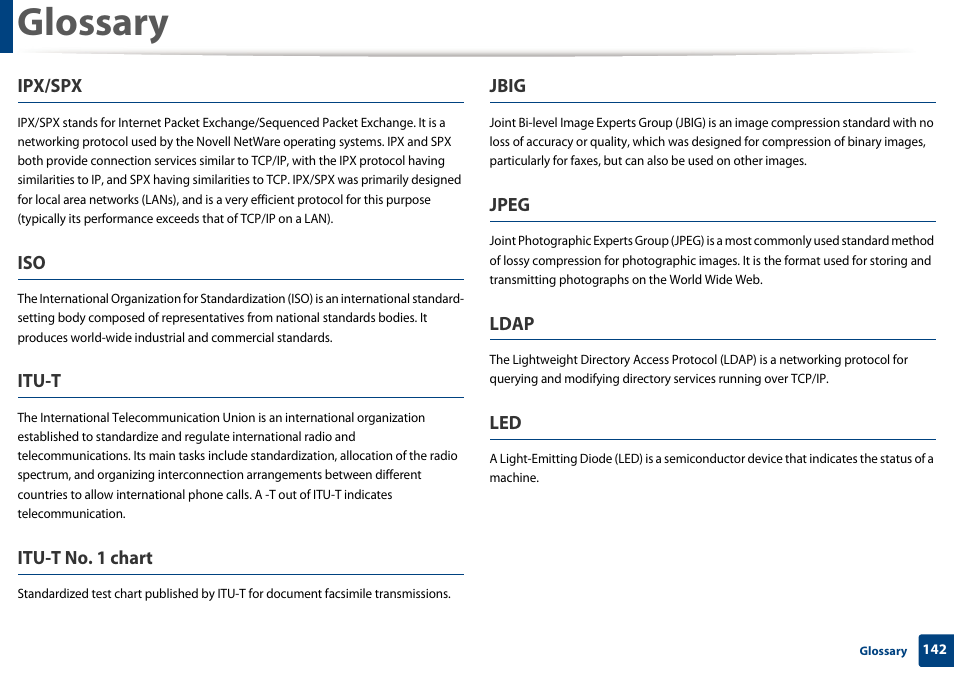 Glossary, Ipx/spx, Itu-t | Itu-t no. 1 chart, Jbig, Jpeg, Ldap | Dell B1260dn Laser Printer User Manual | Page 143 / 151