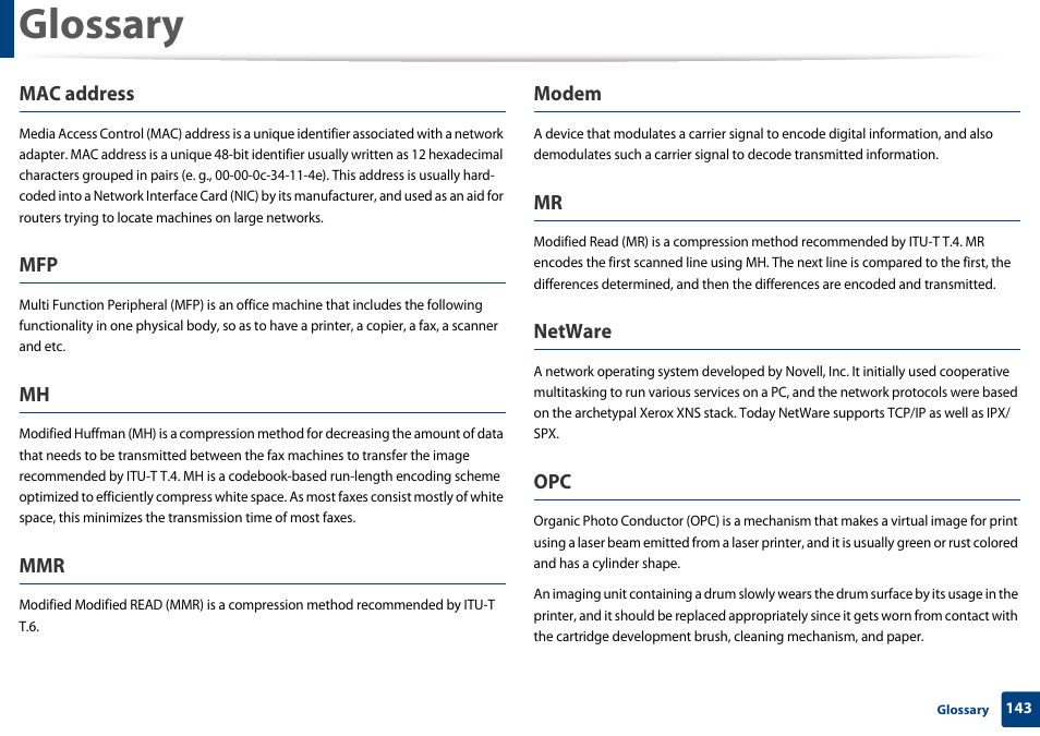 Glossary, Mac address, Modem | Netware | Dell B1260dn Laser Printer User Manual | Page 144 / 151
