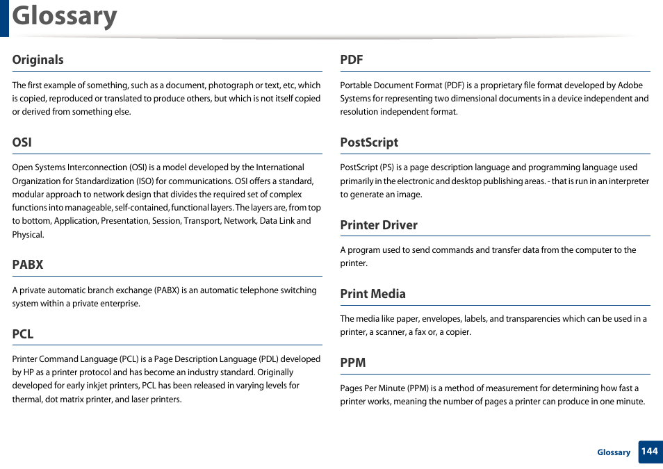 Glossary, Originals, Pabx | Postscript, Printer driver, Print media | Dell B1260dn Laser Printer User Manual | Page 145 / 151