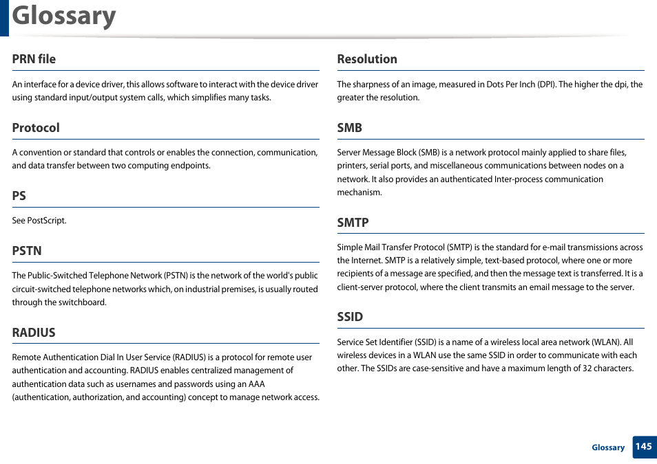 Glossary, Prn file, Protocol | Pstn, Radius, Resolution, Smtp, Ssid | Dell B1260dn Laser Printer User Manual | Page 146 / 151