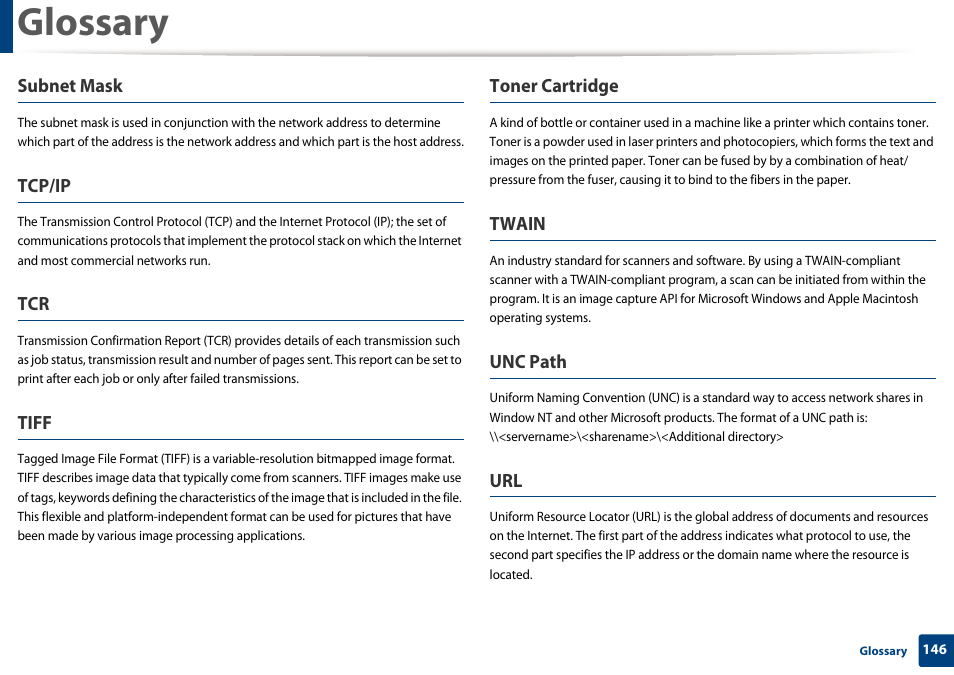 Glossary, Subnet mask, Tcp/ip | Tiff, Toner cartridge, Twain, Unc path | Dell B1260dn Laser Printer User Manual | Page 147 / 151