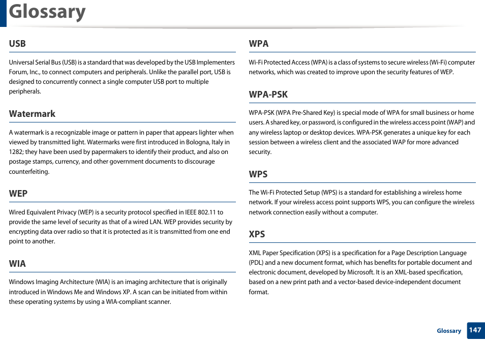 Glossary, Watermark, Wpa-psk | Dell B1260dn Laser Printer User Manual | Page 148 / 151