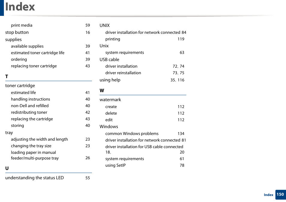 Index | Dell B1260dn Laser Printer User Manual | Page 151 / 151