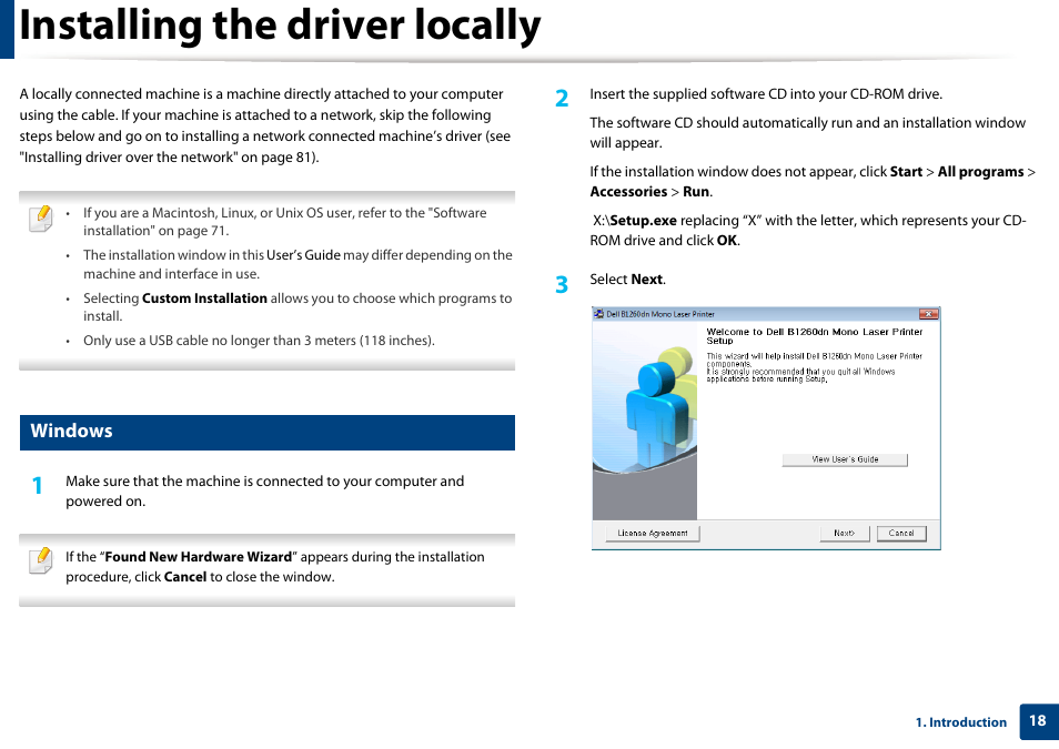 Installing the driver locally, Windows | Dell B1260dn Laser Printer User Manual | Page 18 / 151