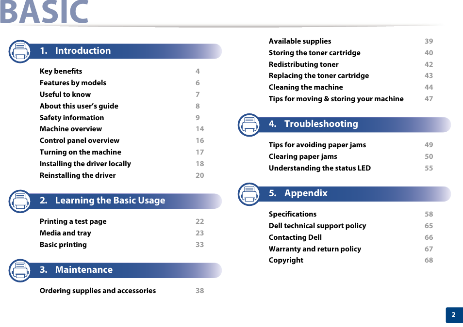 Basic, Imagine the possibilities, Introduction | Learning the basic usage, Maintenance, Troubleshooting, Appendix | Dell B1260dn Laser Printer User Manual | Page 2 / 151