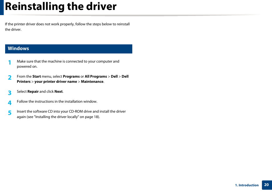 Reinstalling the driver | Dell B1260dn Laser Printer User Manual | Page 20 / 151