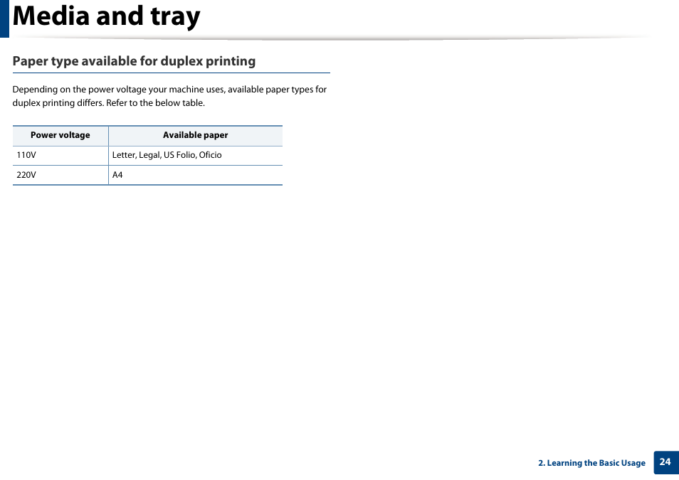 Media and tray, Paper type available for duplex printing | Dell B1260dn Laser Printer User Manual | Page 24 / 151