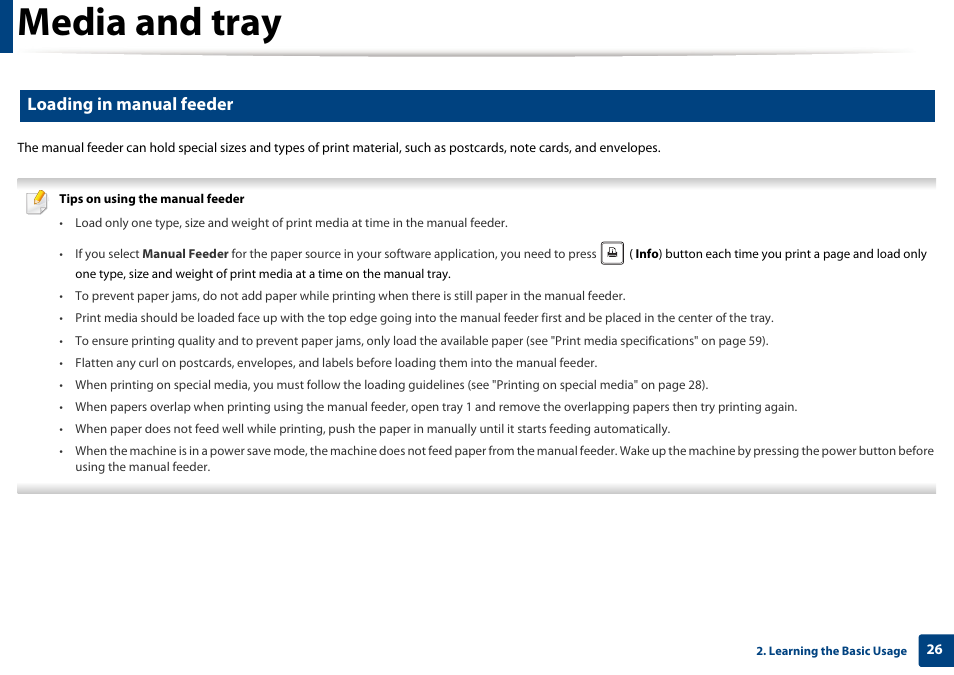 Media and tray, Loading in manual feeder | Dell B1260dn Laser Printer User Manual | Page 26 / 151