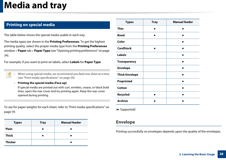 Media and tray, Envelope, Printing on special media | Dell B1260dn Laser Printer User Manual | Page 28 / 151
