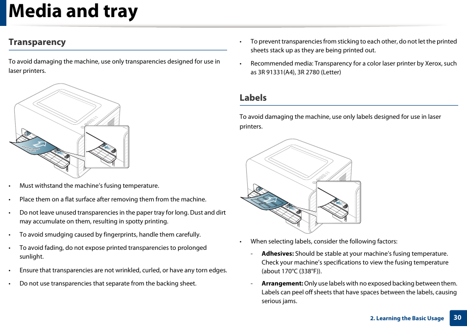 Media and tray, Transparency, Labels | Dell B1260dn Laser Printer User Manual | Page 30 / 151