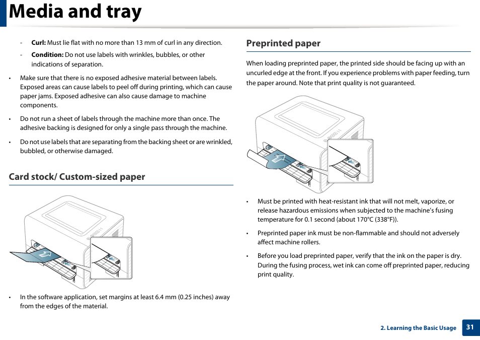 Media and tray, Card stock/ custom-sized paper, Preprinted paper | Dell B1260dn Laser Printer User Manual | Page 31 / 151