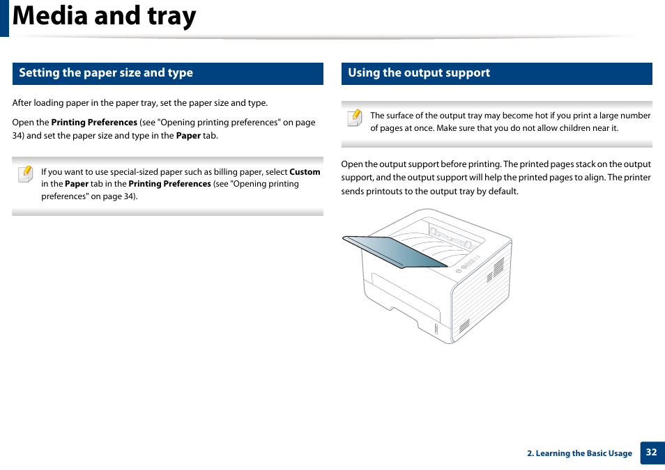 Media and tray, Setting the paper size and type, Using the output support | Dell B1260dn Laser Printer User Manual | Page 32 / 151