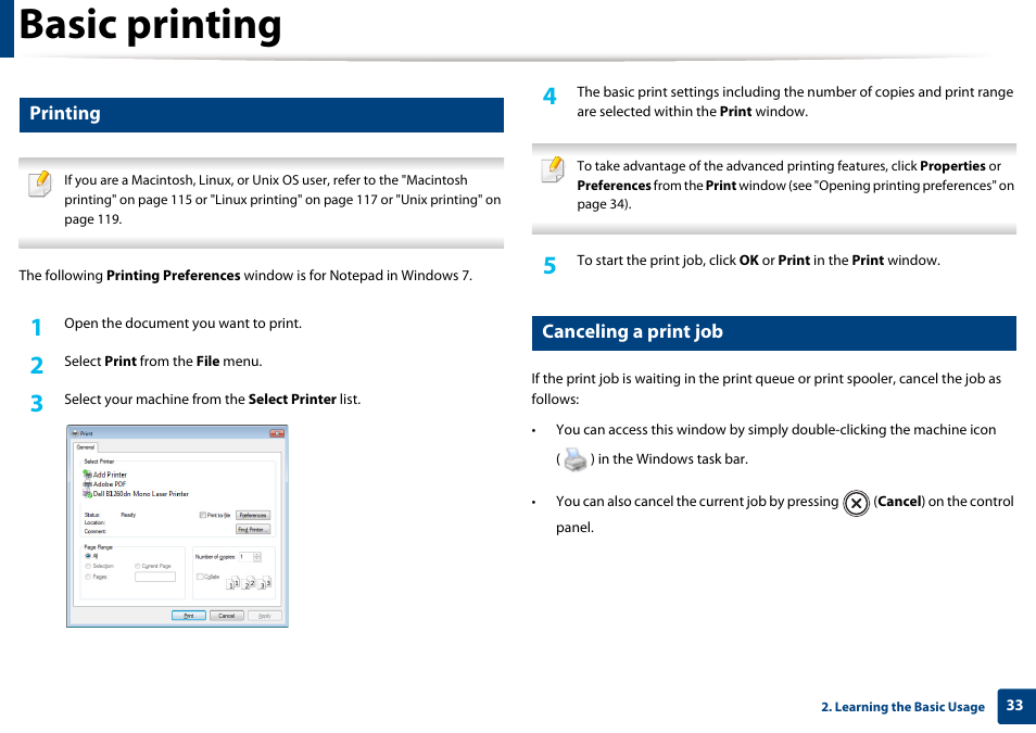 Basic printing, Printing, Canceling a print job | Dell B1260dn Laser Printer User Manual | Page 33 / 151