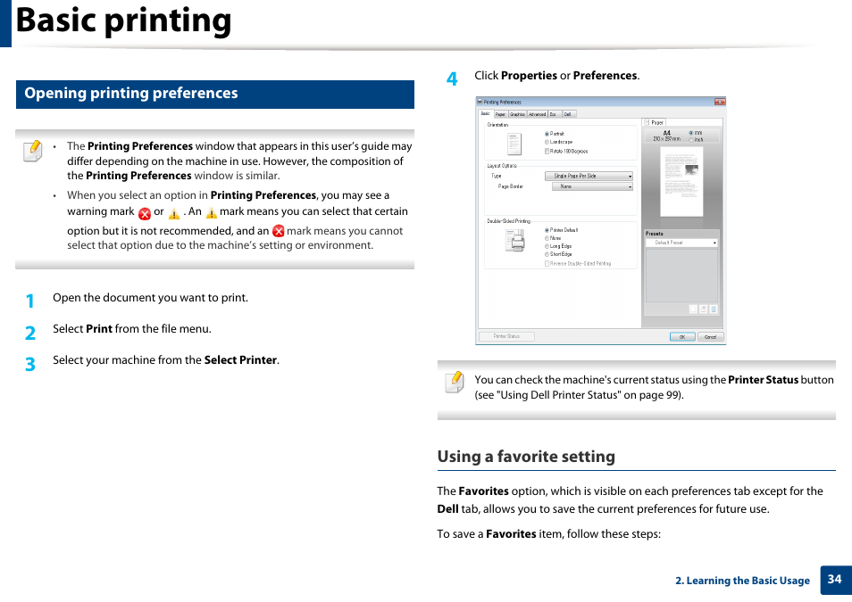 Basic printing, Using a favorite setting, Opening printing preferences | Dell B1260dn Laser Printer User Manual | Page 34 / 151