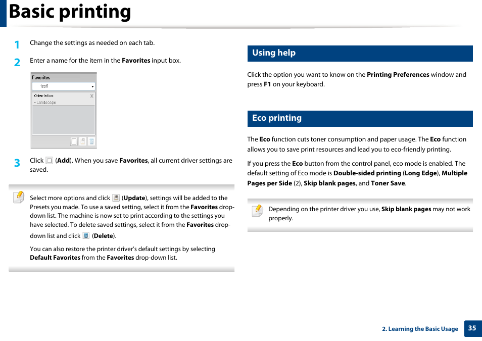 Basic printing, Using help, Eco printing | Dell B1260dn Laser Printer User Manual | Page 35 / 151