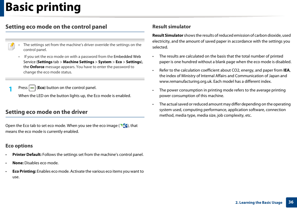 Basic printing, Setting eco mode on the control panel, Setting eco mode on the driver | Dell B1260dn Laser Printer User Manual | Page 36 / 151