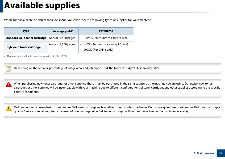 Available supplies | Dell B1260dn Laser Printer User Manual | Page 39 / 151