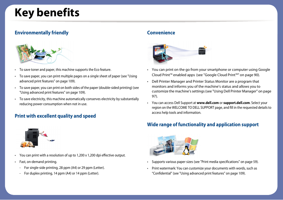 Key benefits, Environmentally friendly, Print with excellent quality and speed | Convenience | Dell B1260dn Laser Printer User Manual | Page 4 / 151