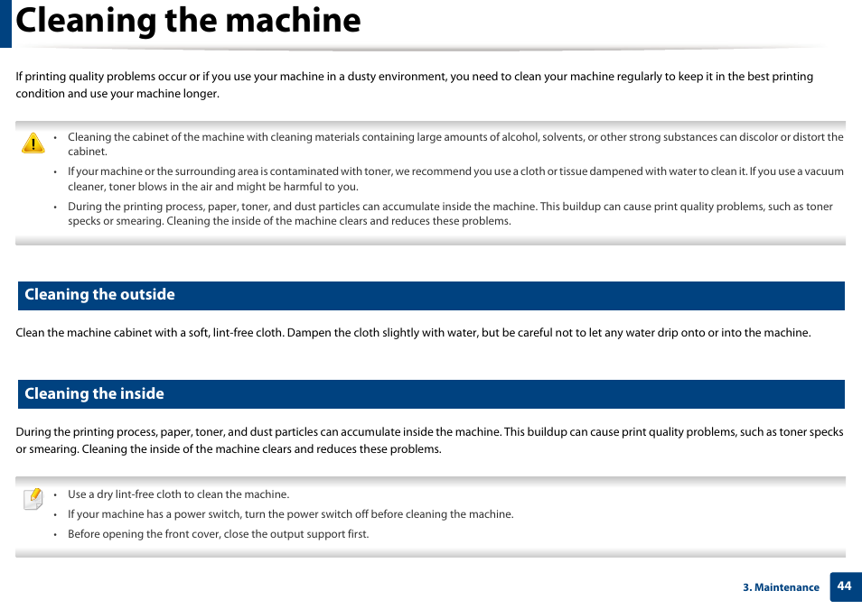 Cleaning the machine, Cleaning the outside, Cleaning the inside | Dell B1260dn Laser Printer User Manual | Page 44 / 151