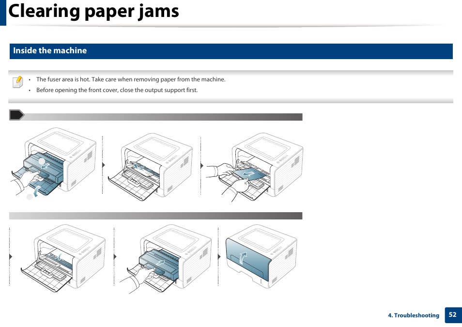 Clearing paper jams, Inside the machine | Dell B1260dn Laser Printer User Manual | Page 52 / 151