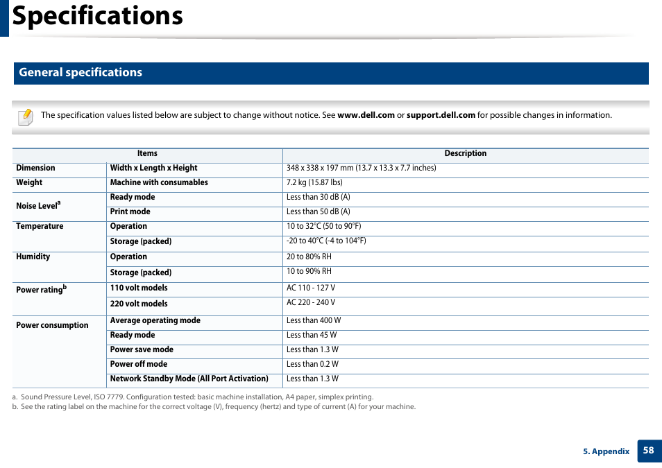 Specifications, General specifications | Dell B1260dn Laser Printer User Manual | Page 58 / 151