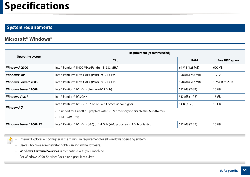 Specifications, Microsoft® windows, System requirements | Dell B1260dn Laser Printer User Manual | Page 61 / 151