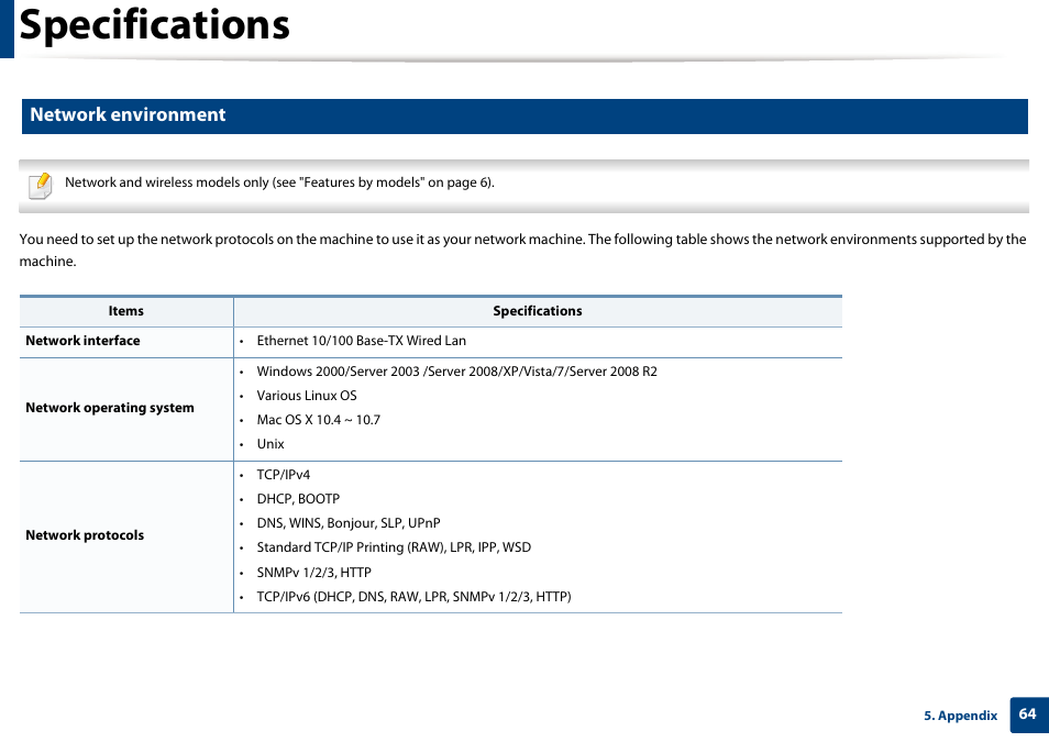 Specifications, Network environment | Dell B1260dn Laser Printer User Manual | Page 64 / 151