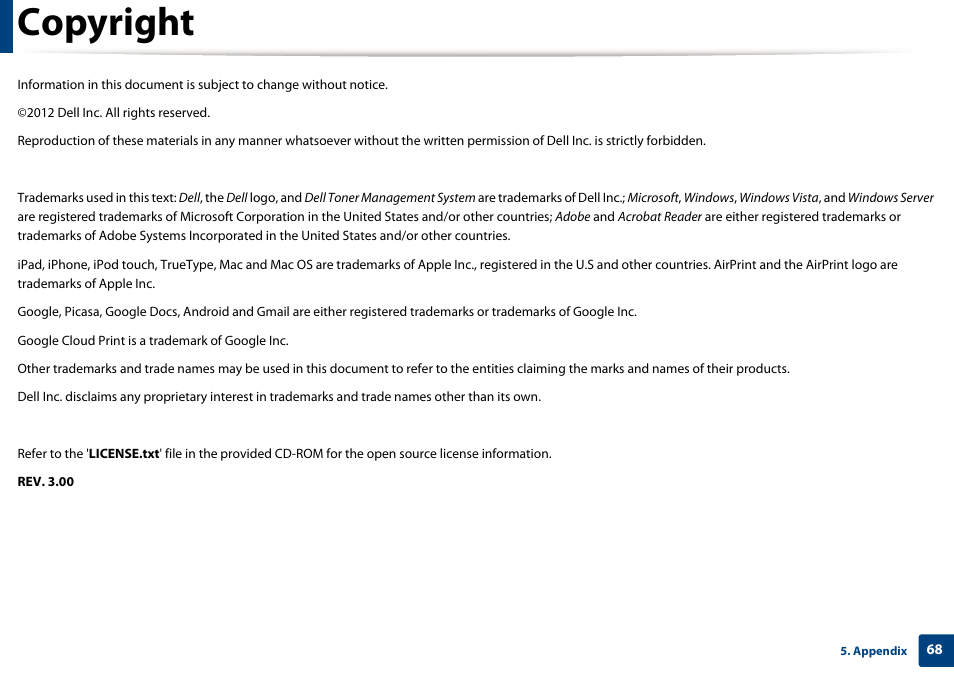 Copyright | Dell B1260dn Laser Printer User Manual | Page 68 / 151