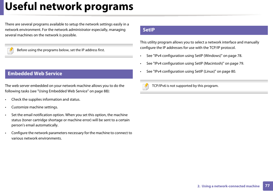 Useful network programs, Embedded web service, Setip | Dell B1260dn Laser Printer User Manual | Page 77 / 151