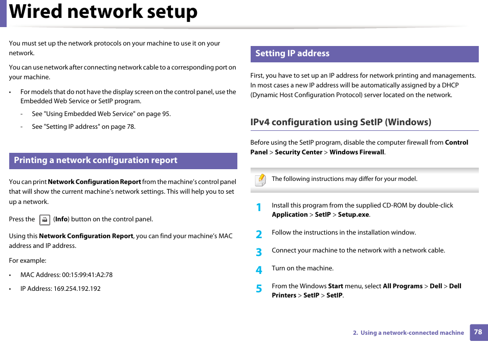 Wired network setup, Ipv4 configuration using setip (windows), Printing a network configuration report | Setting ip address | Dell B1260dn Laser Printer User Manual | Page 78 / 151