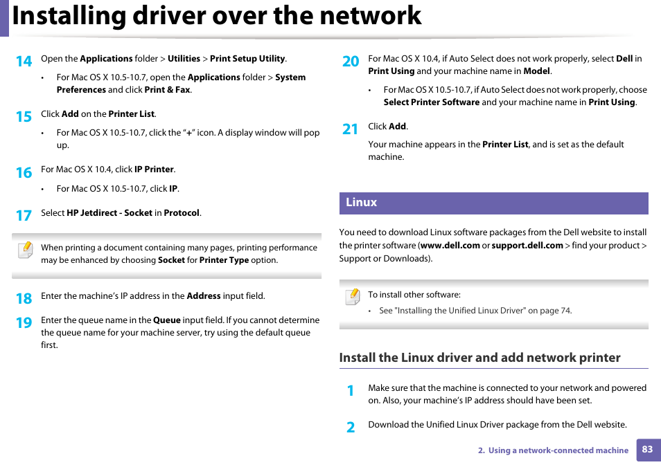 Installing driver over the network, Install the linux driver and add network printer | Dell B1260dn Laser Printer User Manual | Page 83 / 151