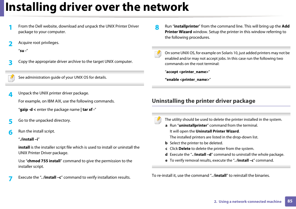 Installing driver over the network, Uninstalling the printer driver package | Dell B1260dn Laser Printer User Manual | Page 85 / 151