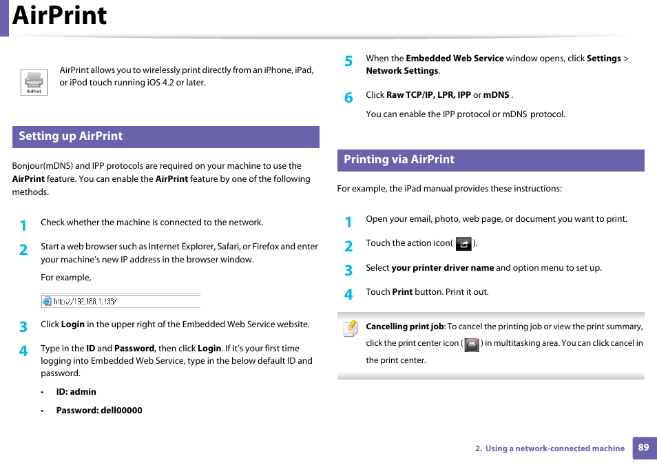 Airprint | Dell B1260dn Laser Printer User Manual | Page 89 / 151