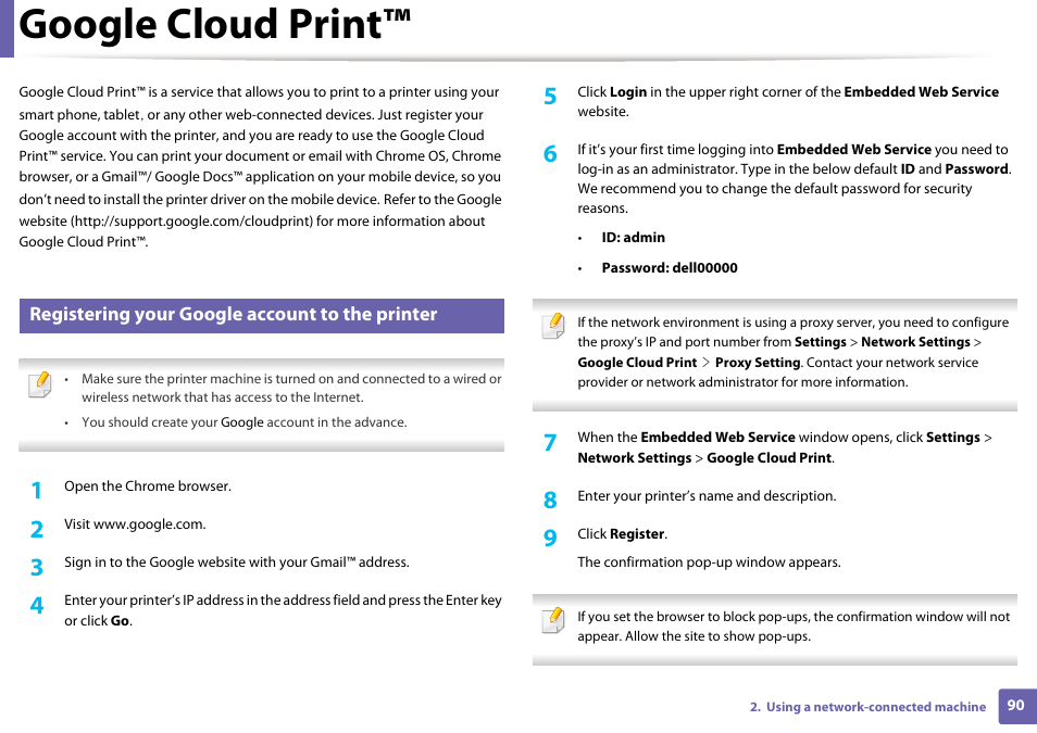 Google cloud print, Registering your google account to the printer | Dell B1260dn Laser Printer User Manual | Page 90 / 151