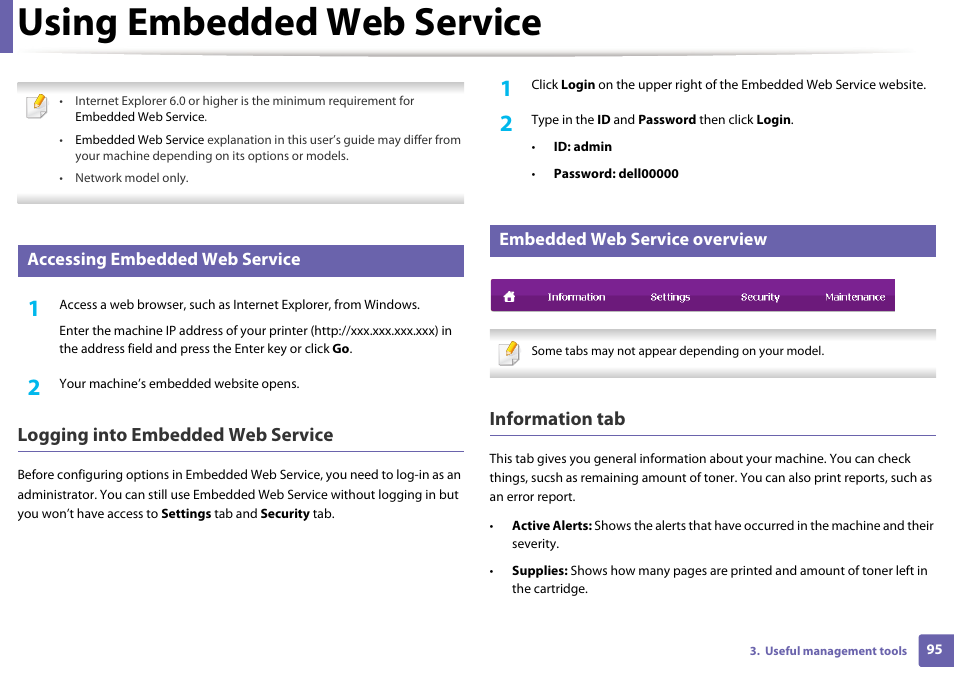 Using embedded web service, Logging into embedded web service, Information tab | Accessing embedded web service, Embedded web service overview | Dell B1260dn Laser Printer User Manual | Page 96 / 151