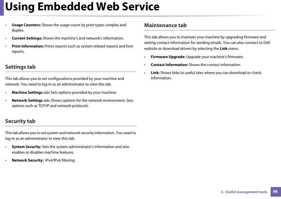 Using embedded web service, Settings tab, Security tab | Maintenance tab | Dell B1260dn Laser Printer User Manual | Page 97 / 151