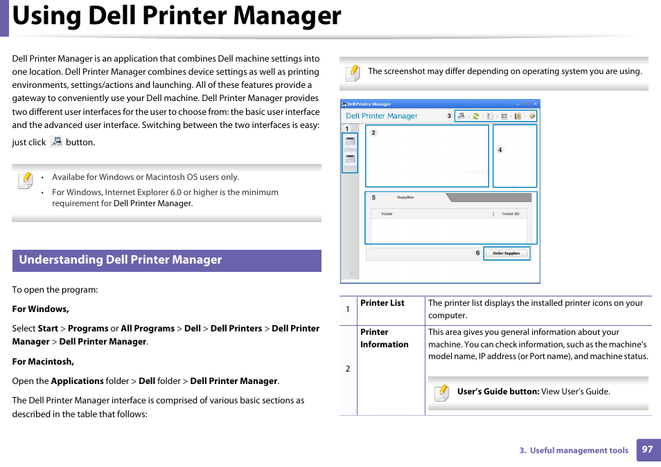 Using dell printer manager, Understanding dell printer manager | Dell B1260dn Laser Printer User Manual | Page 98 / 151