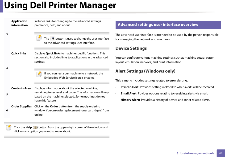 Using dell printer manager, Device settings, Alert settings (windows only) | Advanced settings user interface overview | Dell B1260dn Laser Printer User Manual | Page 99 / 151