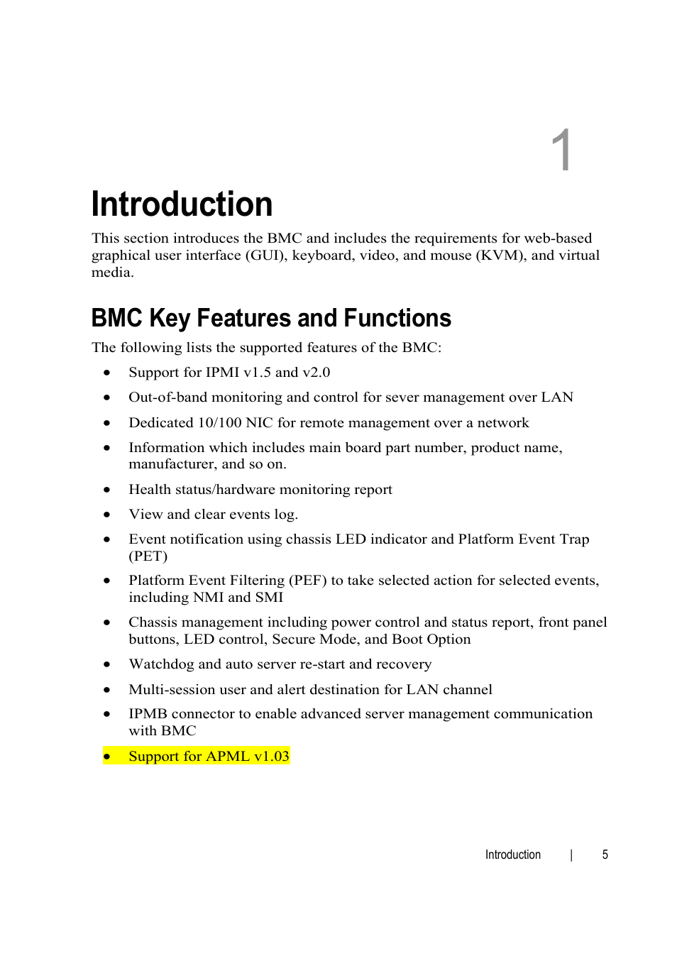 Introduction, Bmc key features and functions | Dell PowerEdge C6145 User Manual | Page 5 / 76