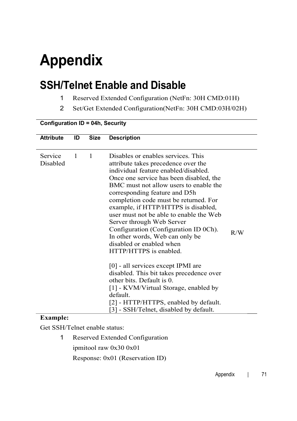 Appendix, Ssh/telnet enable and disable | Dell PowerEdge C6145 User Manual | Page 71 / 76