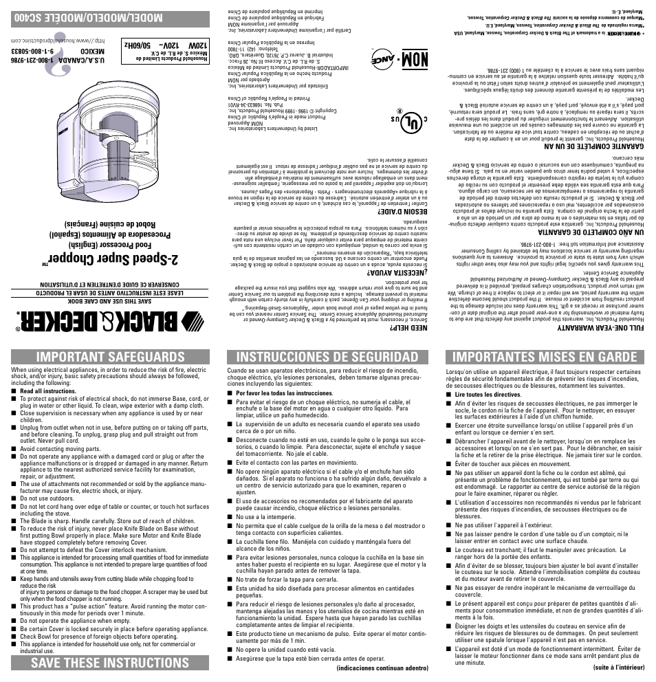 Instrucciones, Speed super chopper, Importantes mises en garde | Model/modelo/modéle sc400 | Black & Decker SC400 User Manual | Page 3 / 7