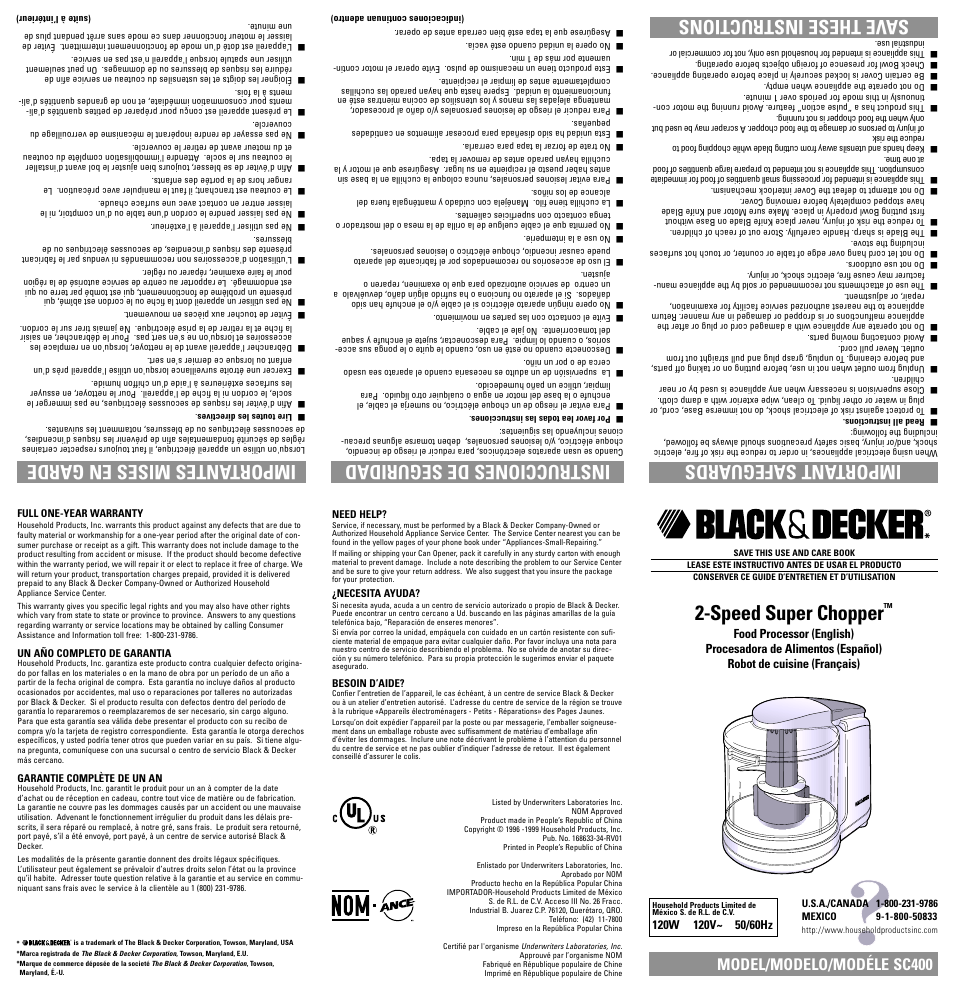Speed super chopper, Importantes mises en garde, Model/modelo/modéle sc400 | Black & Decker SC400 User Manual | Page 6 / 7