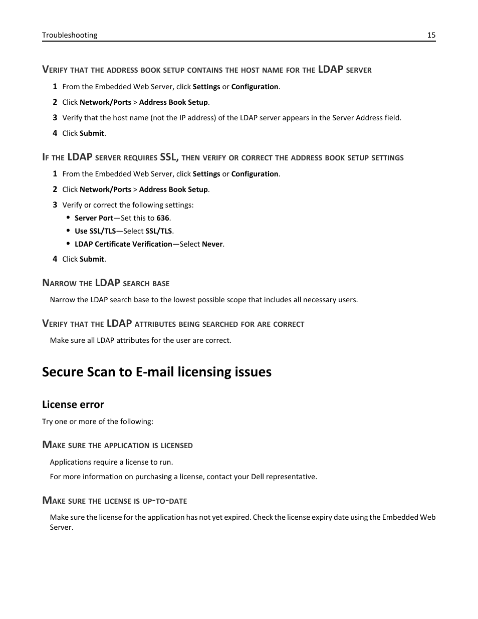 Narrow the ldap search base, Secure scan to e-mail licensing issues, License error | Make sure the application is licensed, Make sure the license is up-to-date, Ldap | Dell B5465dnf Mono Laser Printer MFP User Manual | Page 15 / 24