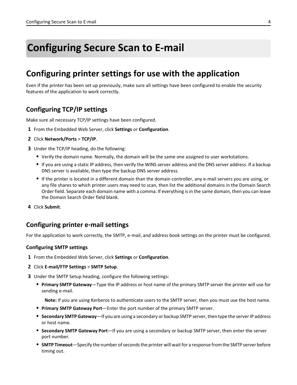 Configuring secure scan to e-mail, Configuring tcp/ip settings, Configuring printer e-mail settings | Configuring tcp/ip settings configuring printer e, Mail settings, Configuring printer e ‑ mail settings | Dell B5465dnf Mono Laser Printer MFP User Manual | Page 4 / 24