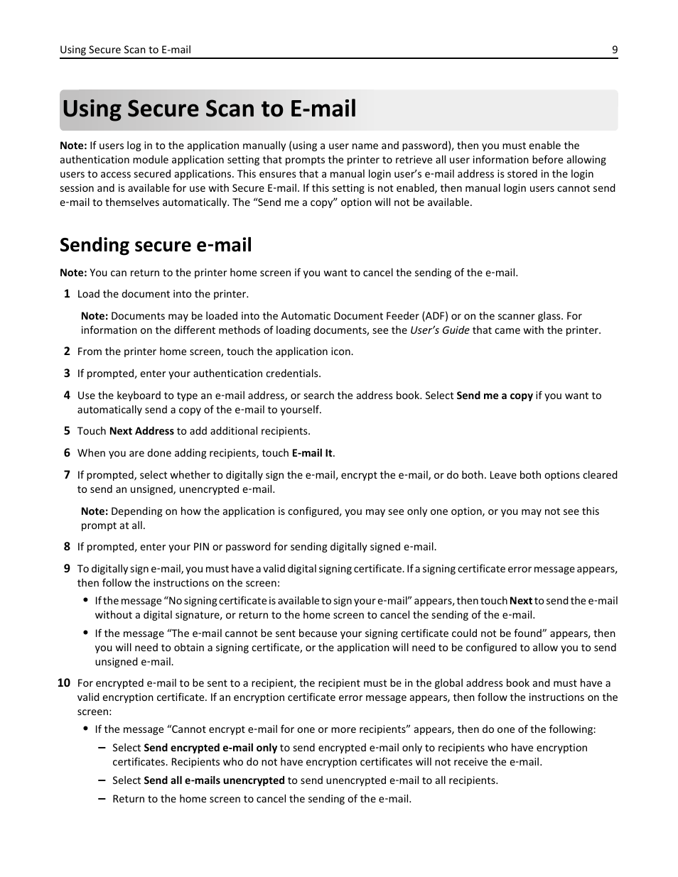 Using secure scan to e-mail, Sending secure e-mail, Sending secure e | Mail, Sending secure e ‑ mail | Dell B5465dnf Mono Laser Printer MFP User Manual | Page 9 / 24