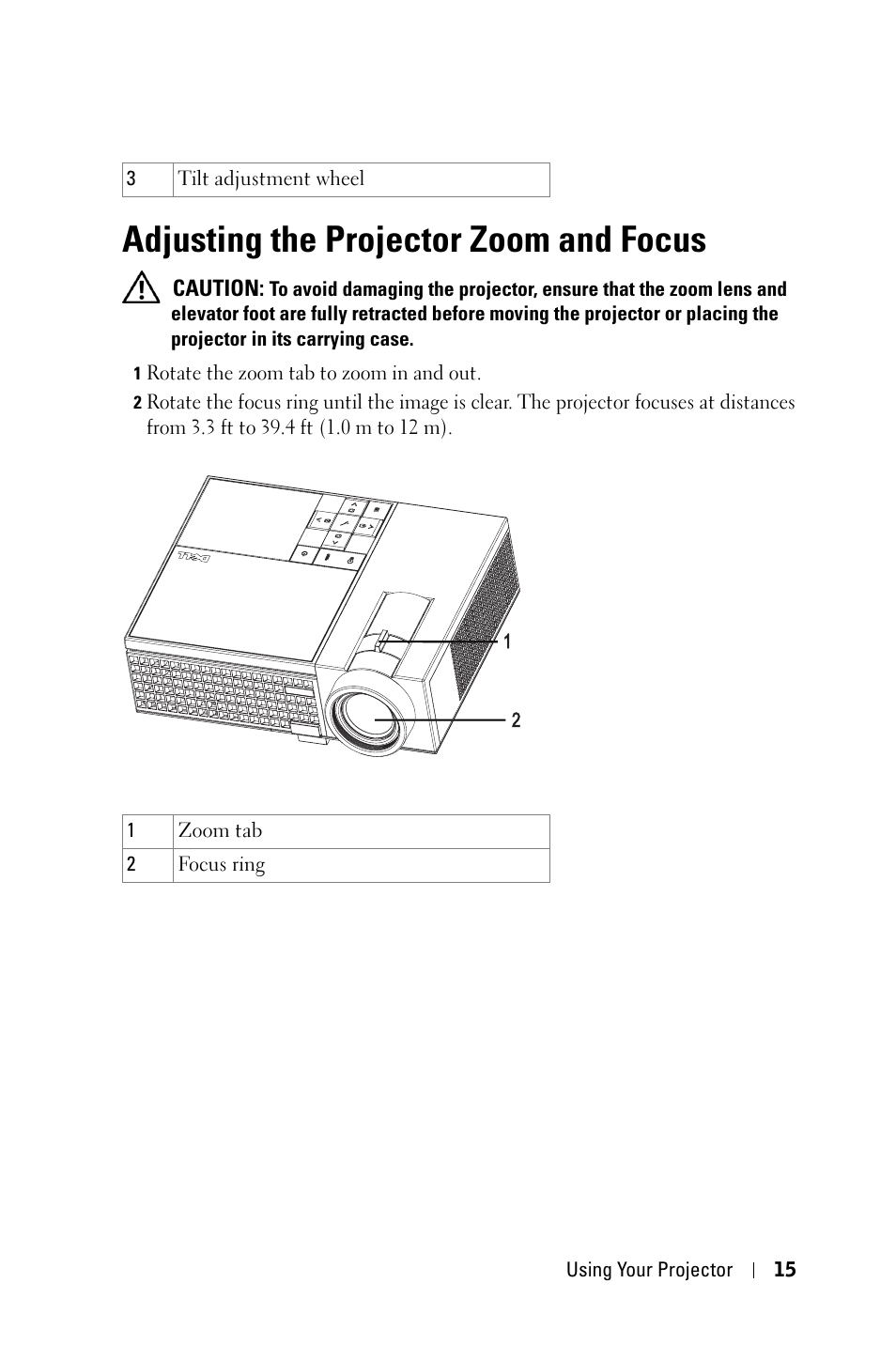 Adjusting the projector zoom and focus | Dell M209X Projector User Manual | Page 15 / 44